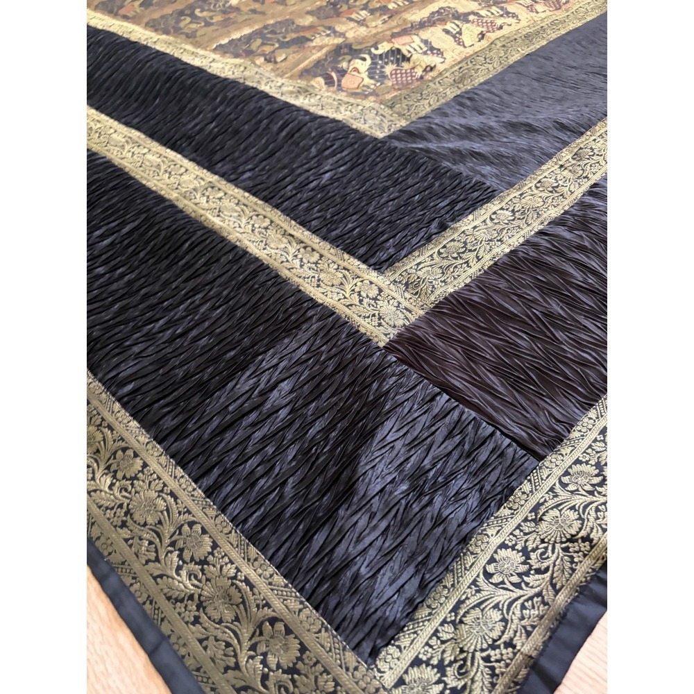 Indian Elephant Quilt Bedspread 102x88 Black Gold Silk Look Throw Decor Boho - Picture 3 of 12